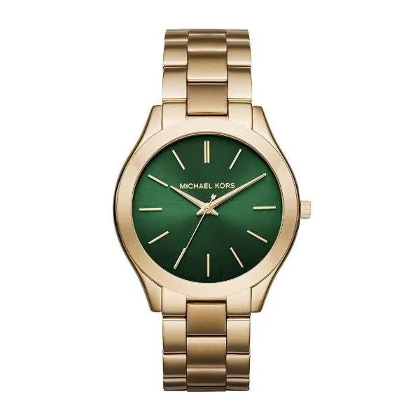 Michael Kors Slim Runway Gold Stainless Steel Green Dial Quartz Watch for Ladies - MK3435