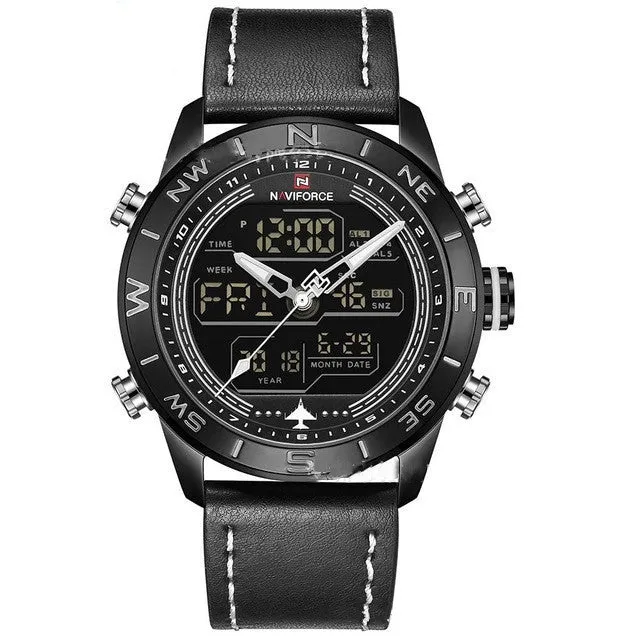 NAVIFORCE 9144 Fashion Gold Men Sport Watches Men's LED Analog Digital Watch Army Military Leather Quartz Watch Relogio Masculino