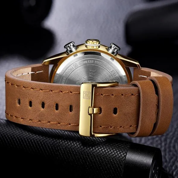 NAVIFORCE 9144 Fashion Gold Men Sport Watches Men's LED Analog Digital Watch Army Military Leather Quartz Watch Relogio Masculino