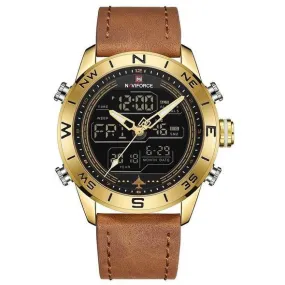 NAVIFORCE 9144 Fashion Gold Men Sport Watches Men's LED Analog Digital Watch Army Military Leather Quartz Watch Relogio Masculino