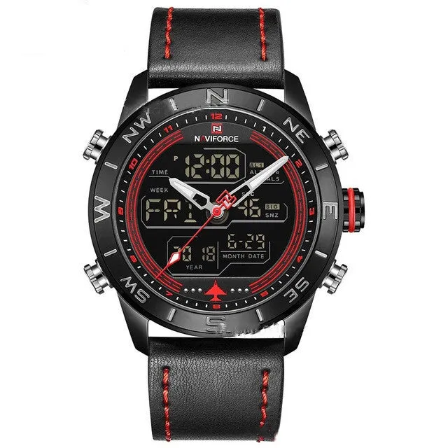 NAVIFORCE 9144 Fashion Gold Men Sport Watches Men's LED Analog Digital Watch Army Military Leather Quartz Watch Relogio Masculino
