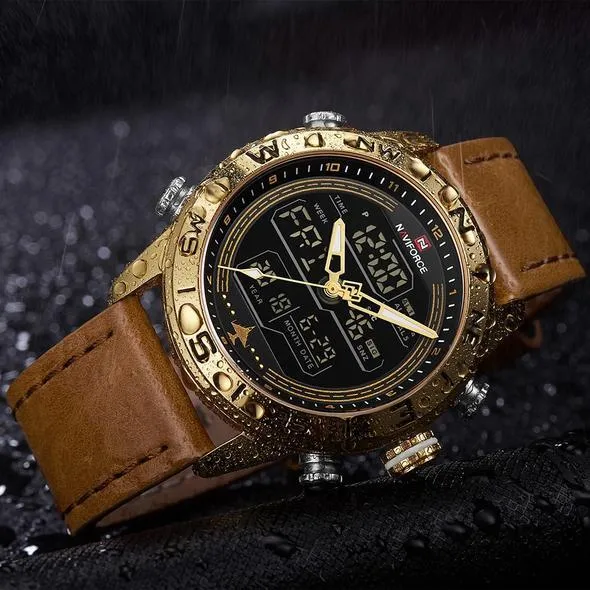NAVIFORCE 9144 Fashion Gold Men Sport Watches Men's LED Analog Digital Watch Army Military Leather Quartz Watch Relogio Masculino