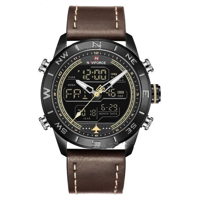 NAVIFORCE 9144 Fashion Gold Men Sport Watches Men's LED Analog Digital Watch Army Military Leather Quartz Watch Relogio Masculino
