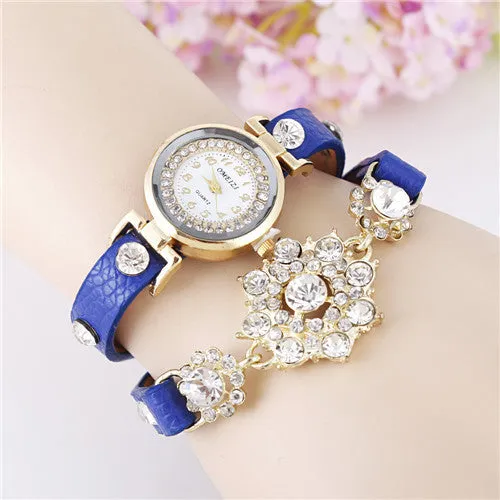 New European Fashion Exaggerated Sparkling Rhinestones Woman Decorative Dress Leather Bracelet Quartz Watch