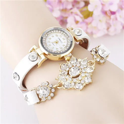 New European Fashion Exaggerated Sparkling Rhinestones Woman Decorative Dress Leather Bracelet Quartz Watch