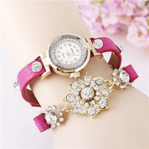 New European Fashion Exaggerated Sparkling Rhinestones Woman Decorative Dress Leather Bracelet Quartz Watch