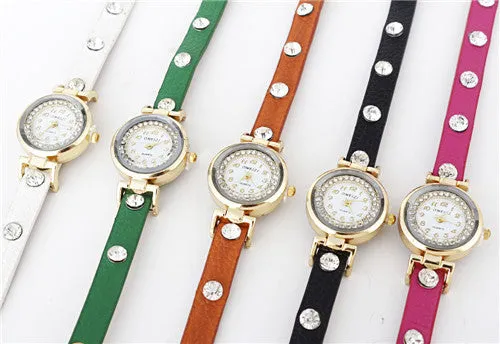 New European Fashion Exaggerated Sparkling Rhinestones Woman Decorative Dress Leather Bracelet Quartz Watch