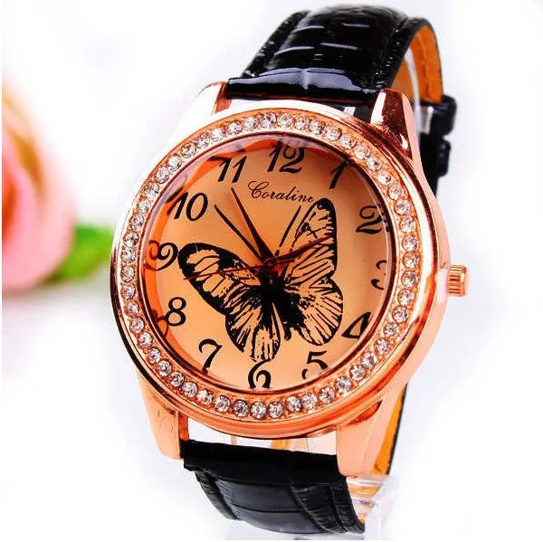 New Fashion Women Wristwatch Cute Butterfly Pattern Rhinestone Casual Watch PU Leather Quartz Dress Watch Women Ladies Watch