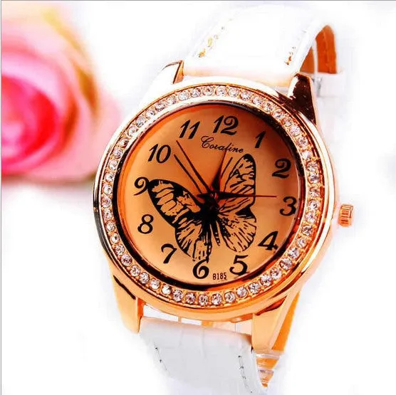 New Fashion Women Wristwatch Cute Butterfly Pattern Rhinestone Casual Watch PU Leather Quartz Dress Watch Women Ladies Watch