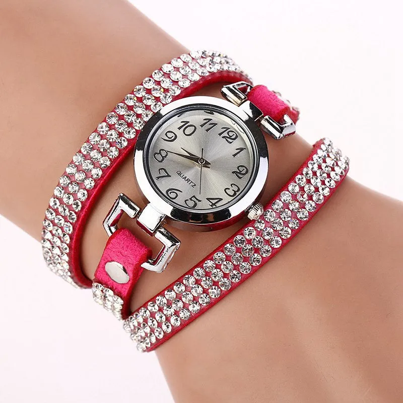New Luxury Rhinestone Leather Round Bracelet Wristwatches Women Watch Dress Watch Vintage Clock Lady Quartz Watch