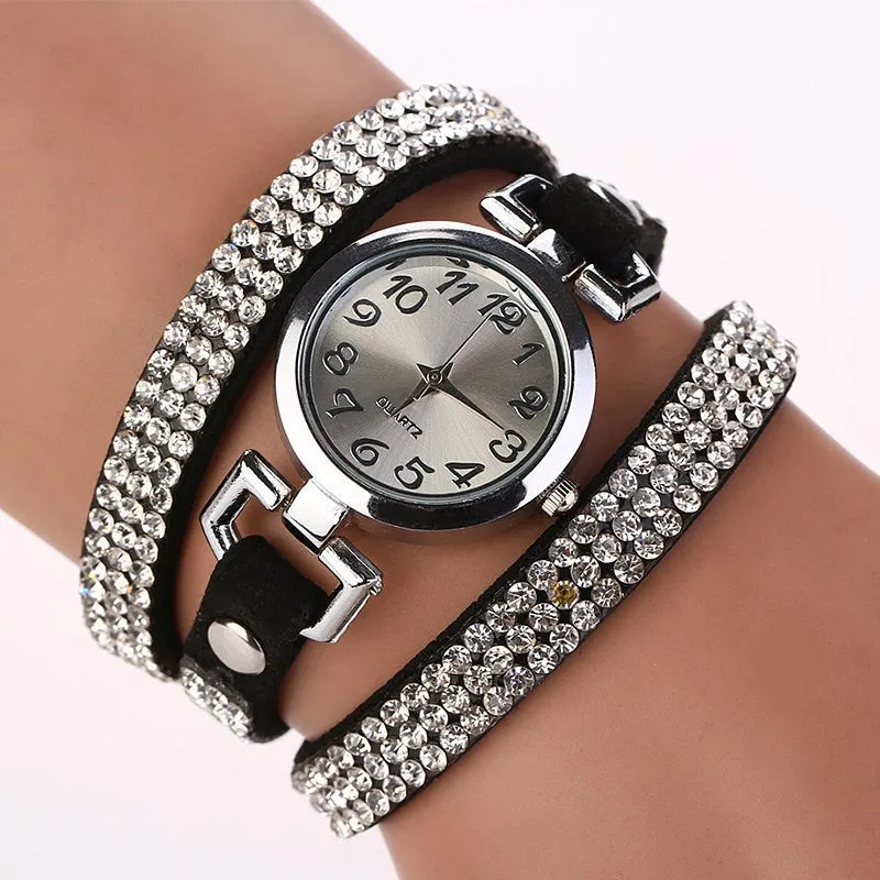 New Luxury Rhinestone Leather Round Bracelet Wristwatches Women Watch Dress Watch Vintage Clock Lady Quartz Watch