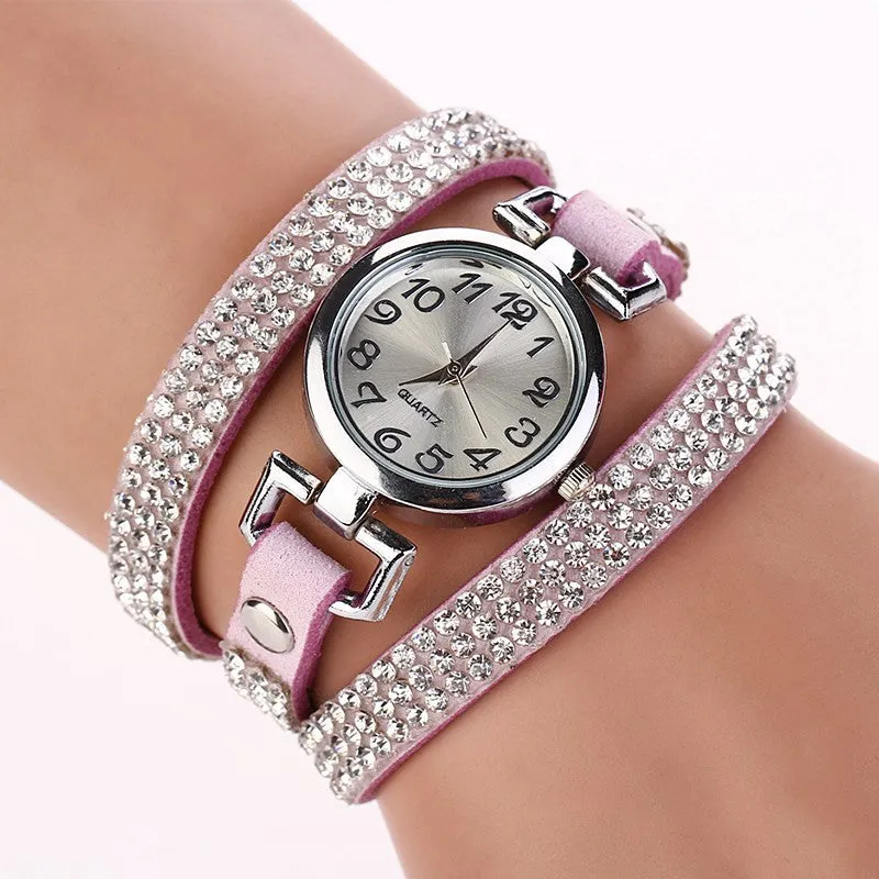 New Luxury Rhinestone Leather Round Bracelet Wristwatches Women Watch Dress Watch Vintage Clock Lady Quartz Watch