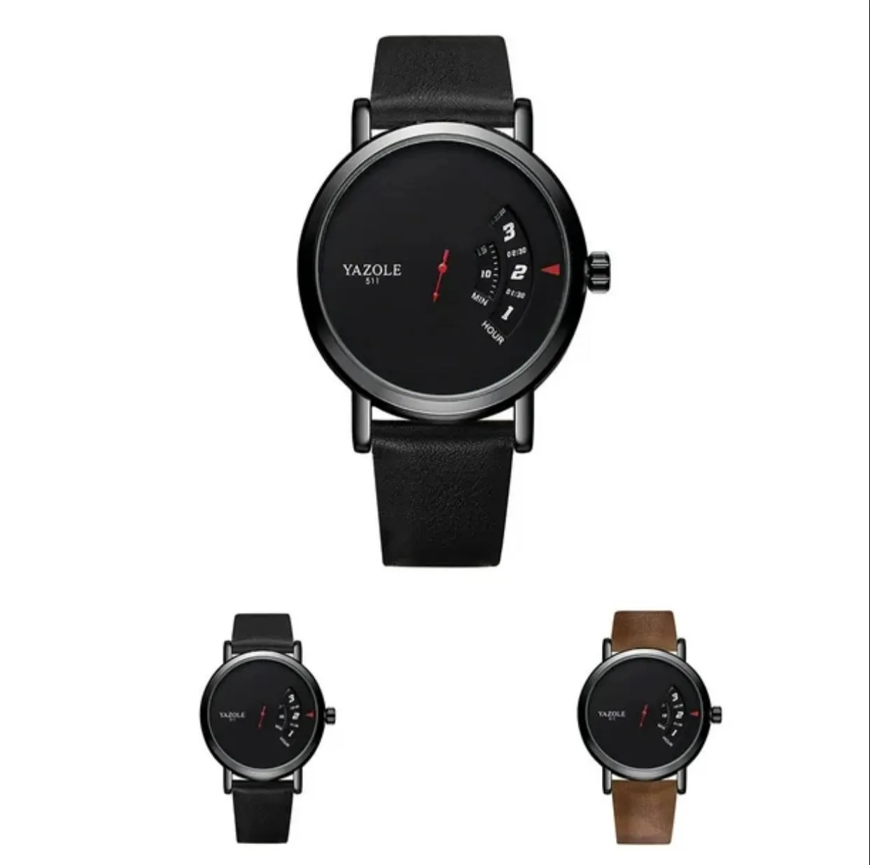 New Men's Quartz YAZOLE Turntable Field Watch Faux Leather Strap S3119944