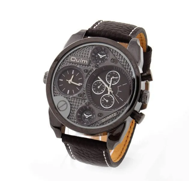 OULM Multiple Time Zone Sports Watch Analog Men Leather Strap Casual Watches Fitness wristwatch Quartz Military watch