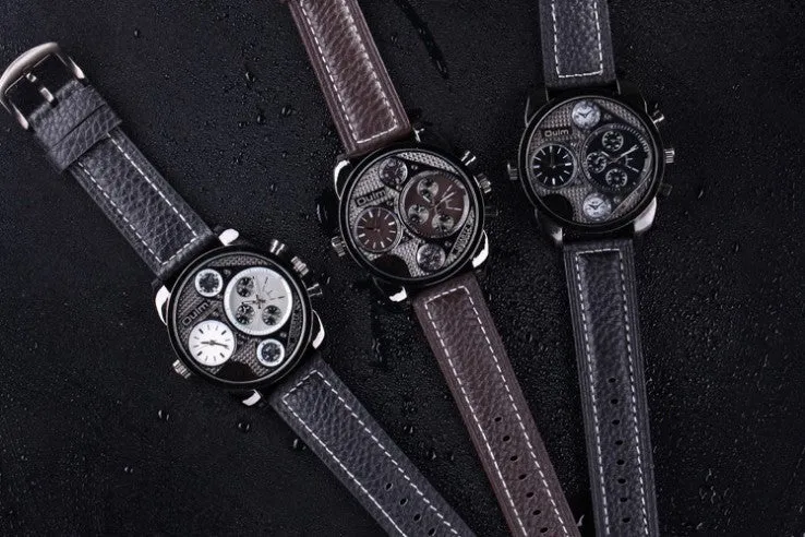 OULM Multiple Time Zone Sports Watch Analog Men Leather Strap Casual Watches Fitness wristwatch Quartz Military watch