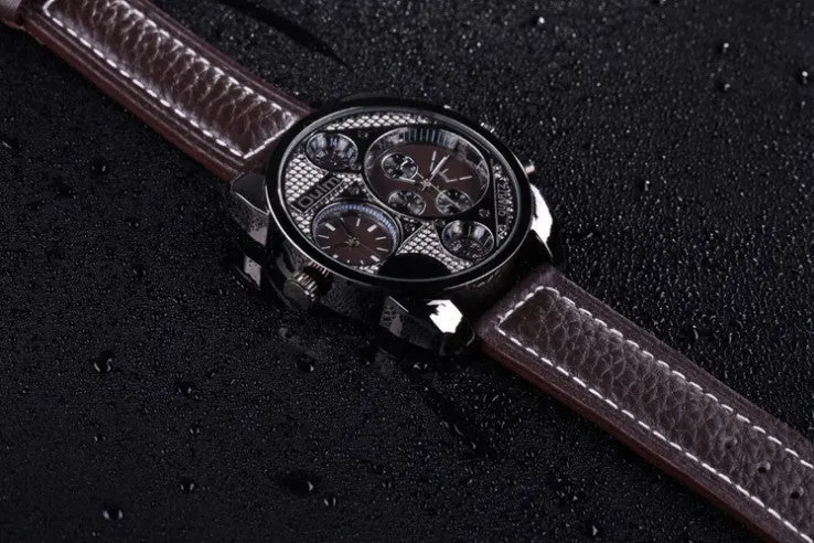 OULM Multiple Time Zone Sports Watch Analog Men Leather Strap Casual Watches Fitness wristwatch Quartz Military watch