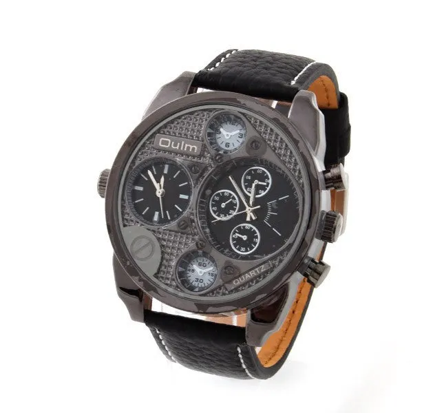 OULM Multiple Time Zone Sports Watch Analog Men Leather Strap Casual Watches Fitness wristwatch Quartz Military watch