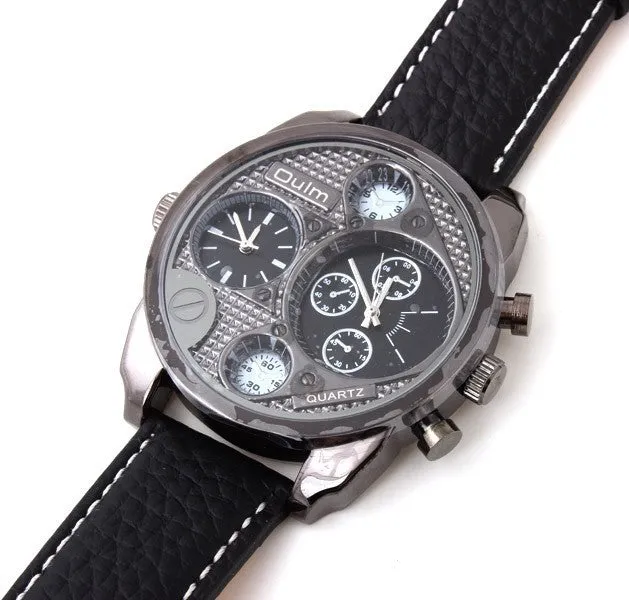 OULM Multiple Time Zone Sports Watch Analog Men Leather Strap Casual Watches Fitness wristwatch Quartz Military watch