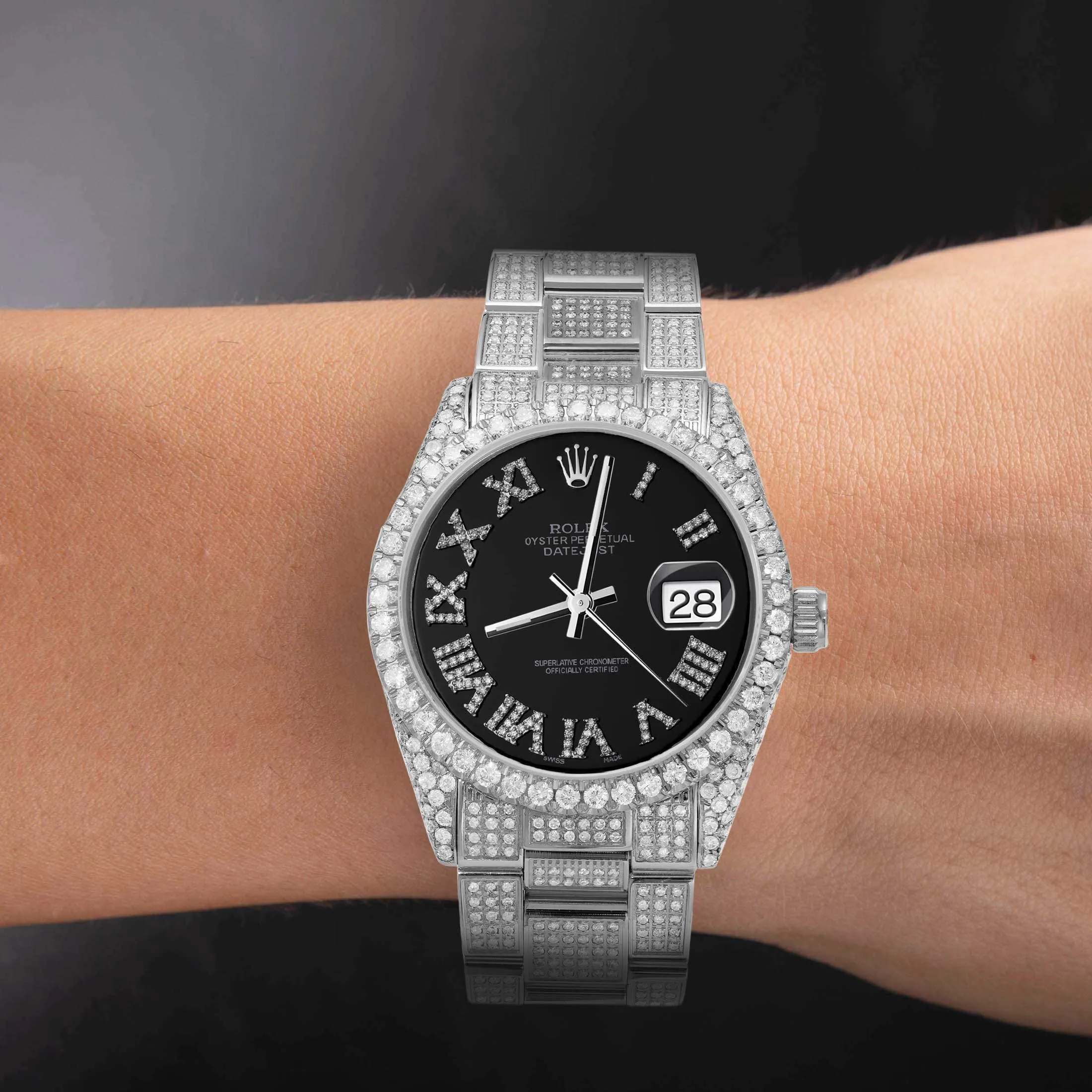 Rolex Datejust Diamond Bezel Watch 36mm Black Roman Dial | 10.25ct