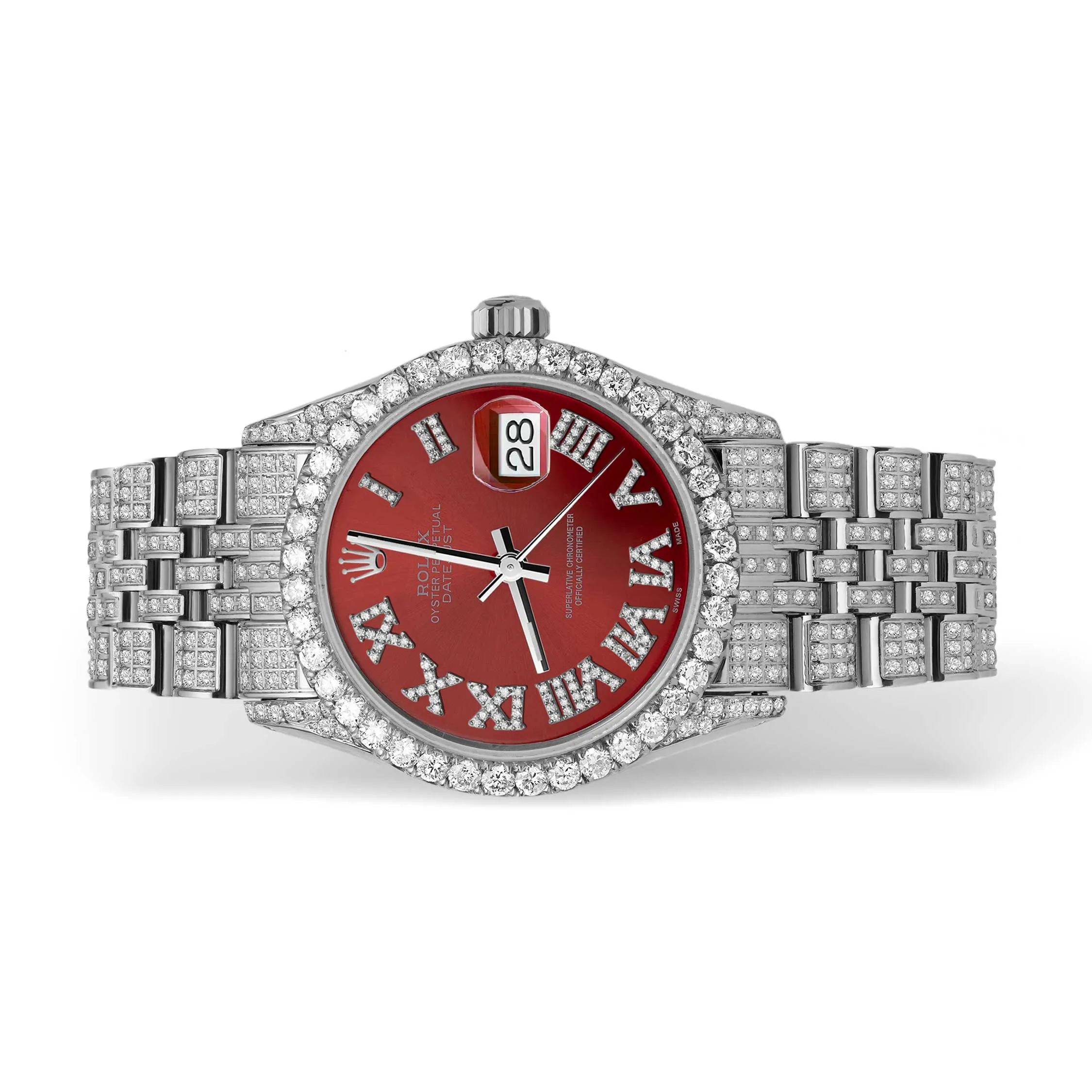 Rolex Datejust Diamond Bezel Watch 36mm Red Roman Dial | 10.25ct