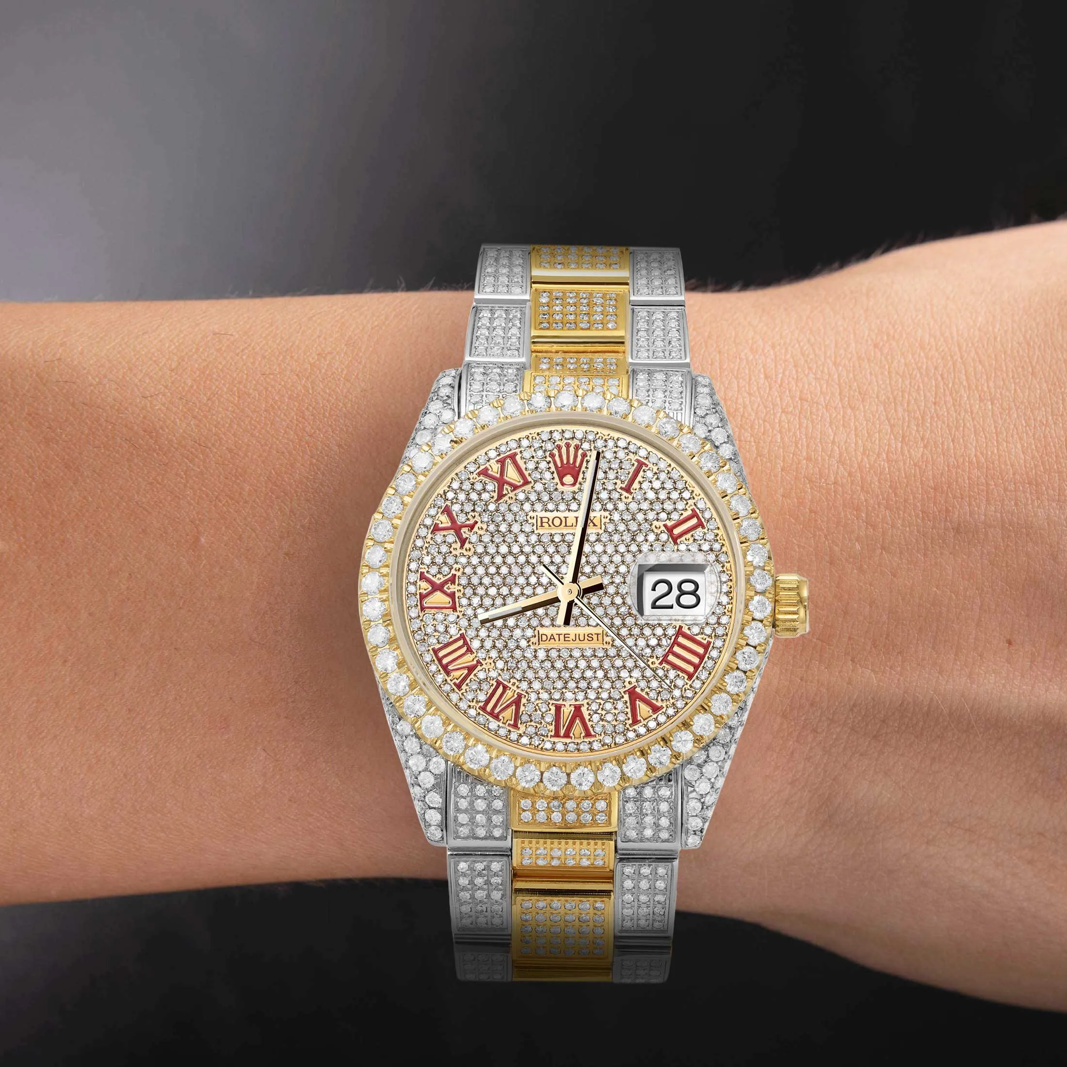 Rolex Datejust Diamond Bezel Watch 36mm Red Roman Dial | 12.15ct
