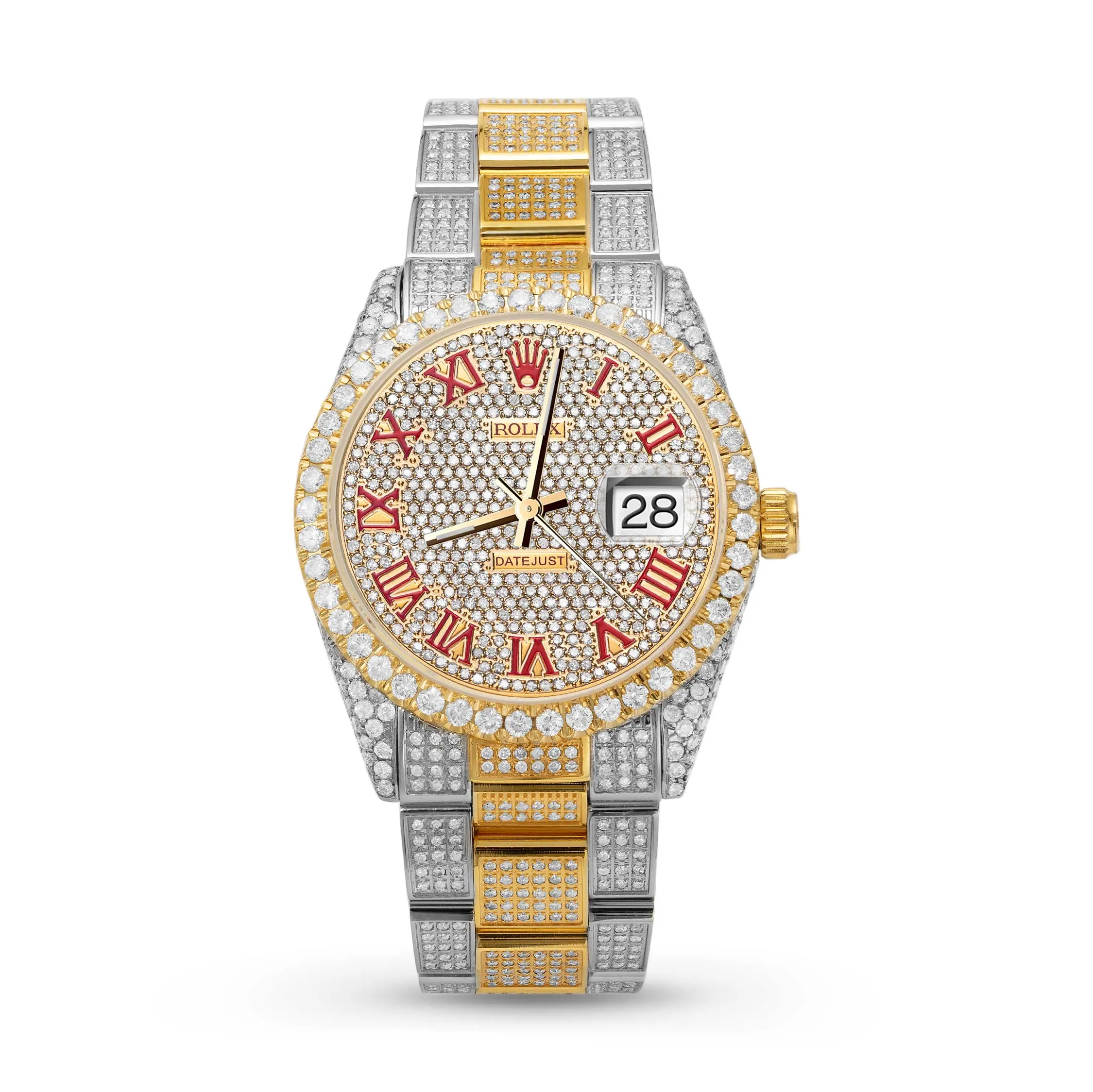 Rolex Datejust Diamond Bezel Watch 36mm Red Roman Dial | 12.15ct