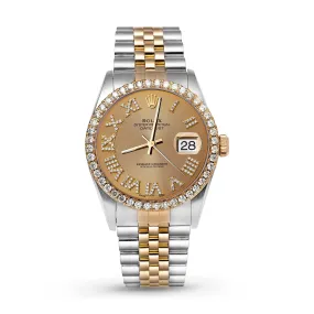 Rolex Datejust Diamond Bezel Watch 36mm Yellow Champagne Roman Dial | 2.15ct