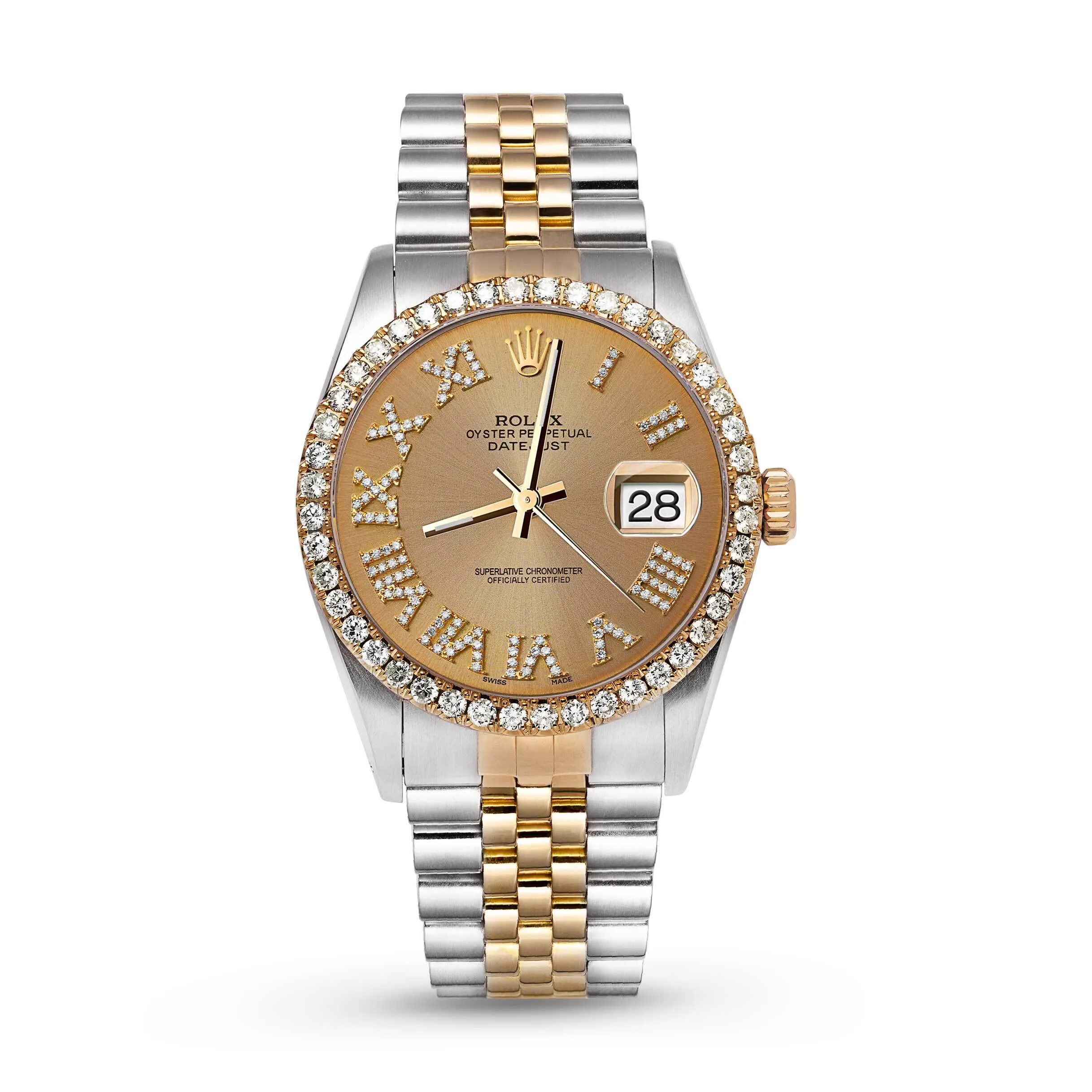 Rolex Datejust Diamond Bezel Watch 36mm Yellow Champagne Roman Dial | 2.15ct