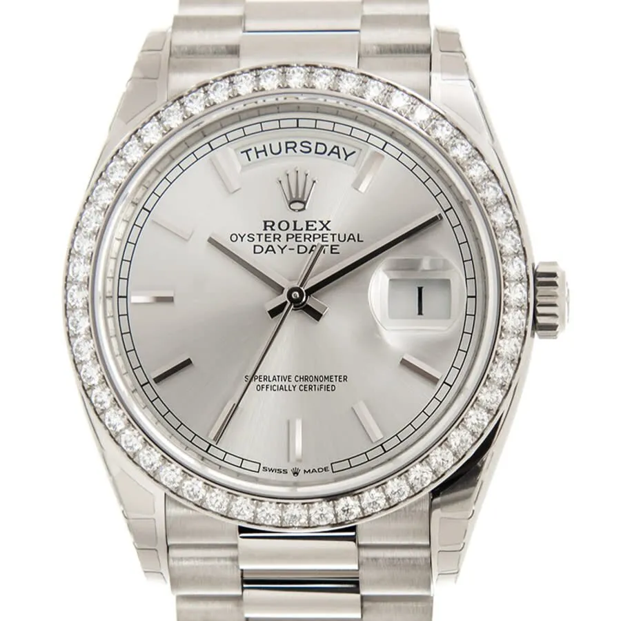 Rolex Day-Date 36 Silver Dial 18kt White Gold President Watch 128349SSP