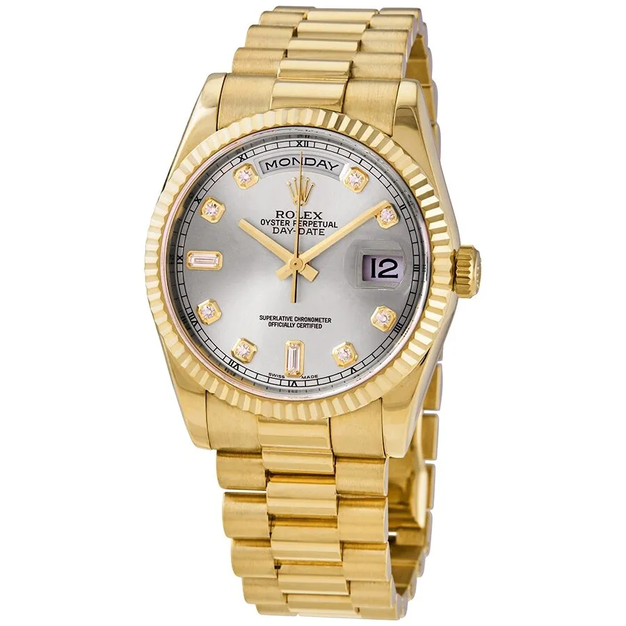 Rolex Day-Date Silver Dial 18K Yellow Gold President Automatic Men's Watch 118238SDP