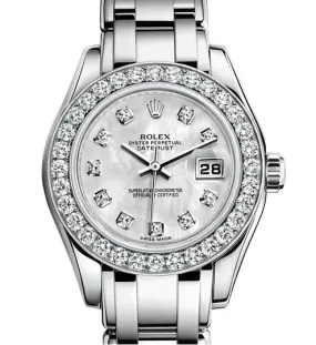 Rolex Lady-Datejust Pearlmaster White Mother Of Pearl Diamond Dial 18K White Gold Automatic Ladies Watch 80299MDPM
