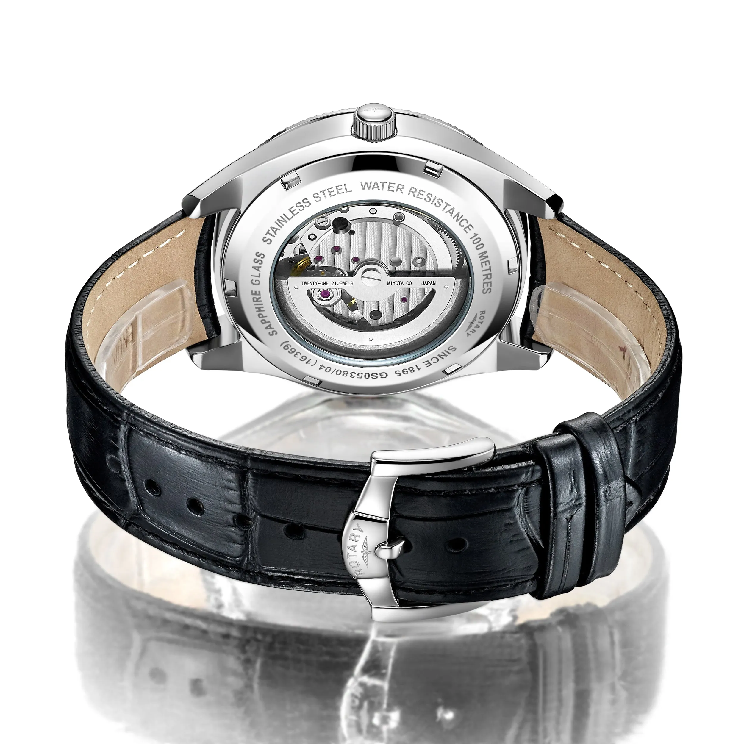 Rotary 42mm Black Henley Automatic Watch with a Black Leather Strap