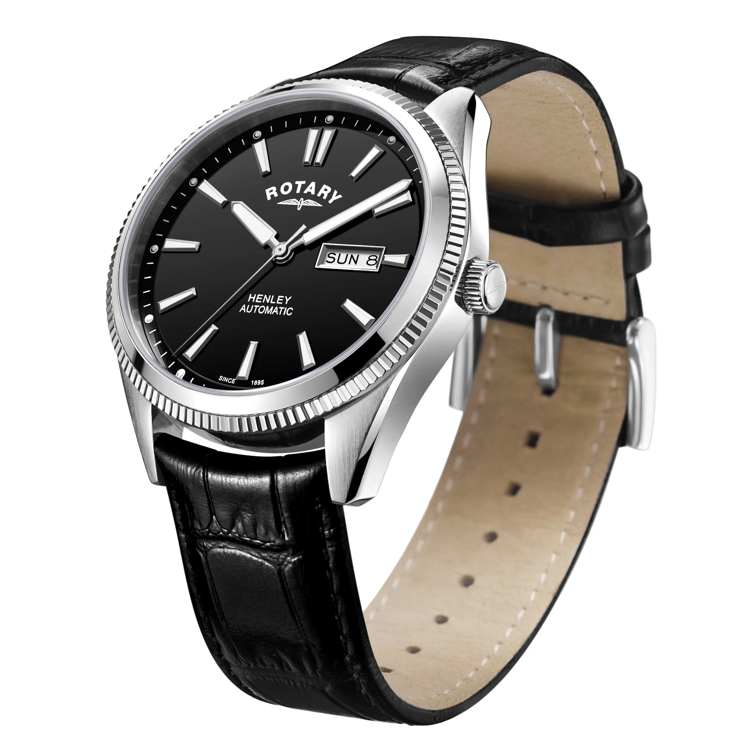 Rotary 42mm Black Henley Automatic Watch with a Black Leather Strap