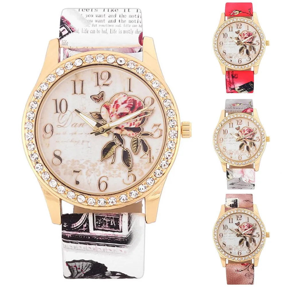 Sidiou Group Fashion Ladies Watches Women Printed Flower Luxury Casual Quartz Leather Wrist Watch Female Rhinestone Dress Watch