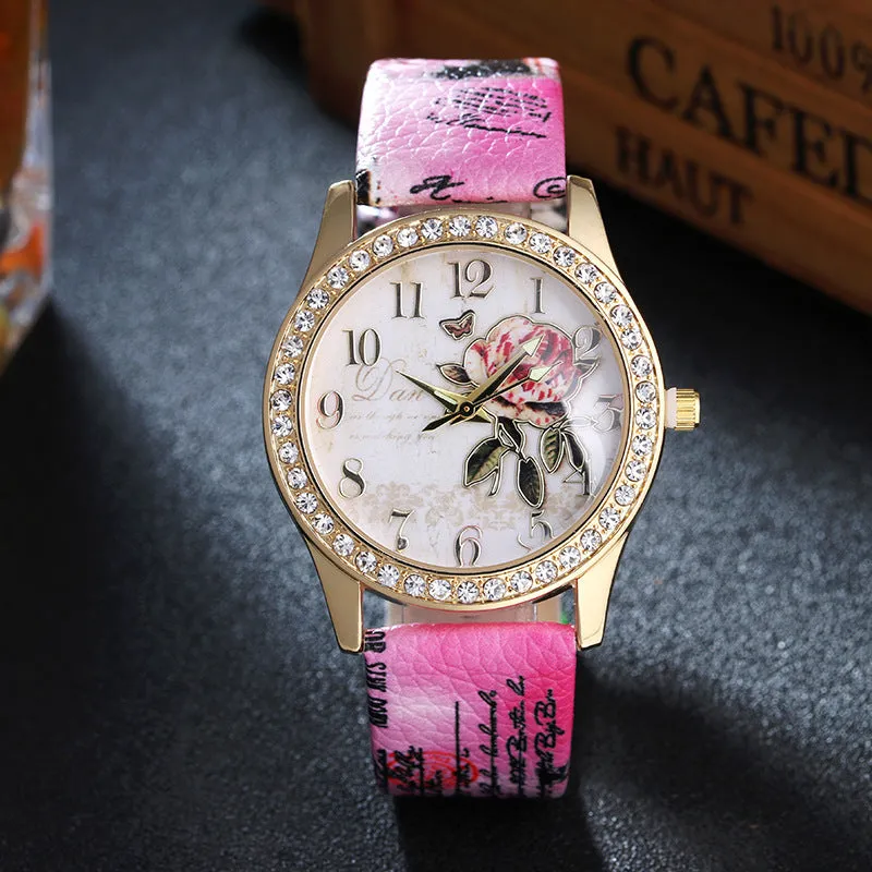 Sidiou Group Fashion Ladies Watches Women Printed Flower Luxury Casual Quartz Leather Wrist Watch Female Rhinestone Dress Watch