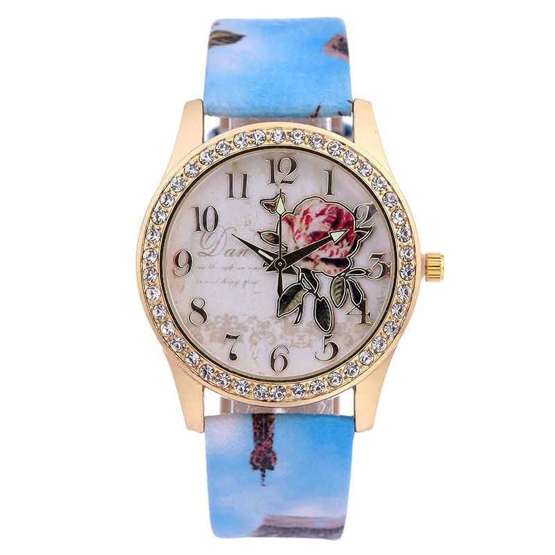 Sidiou Group Fashion Ladies Watches Women Printed Flower Luxury Casual Quartz Leather Wrist Watch Female Rhinestone Dress Watch
