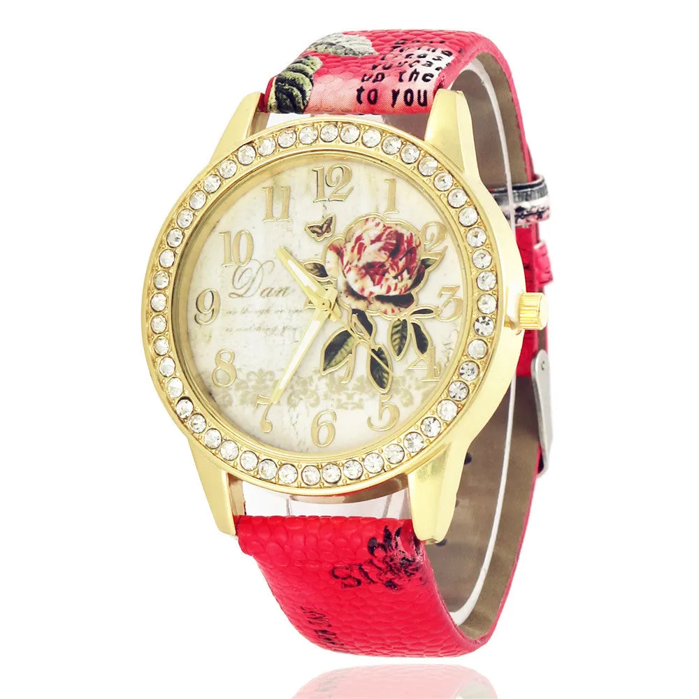 Sidiou Group Fashion Ladies Watches Women Printed Flower Luxury Casual Quartz Leather Wrist Watch Female Rhinestone Dress Watch