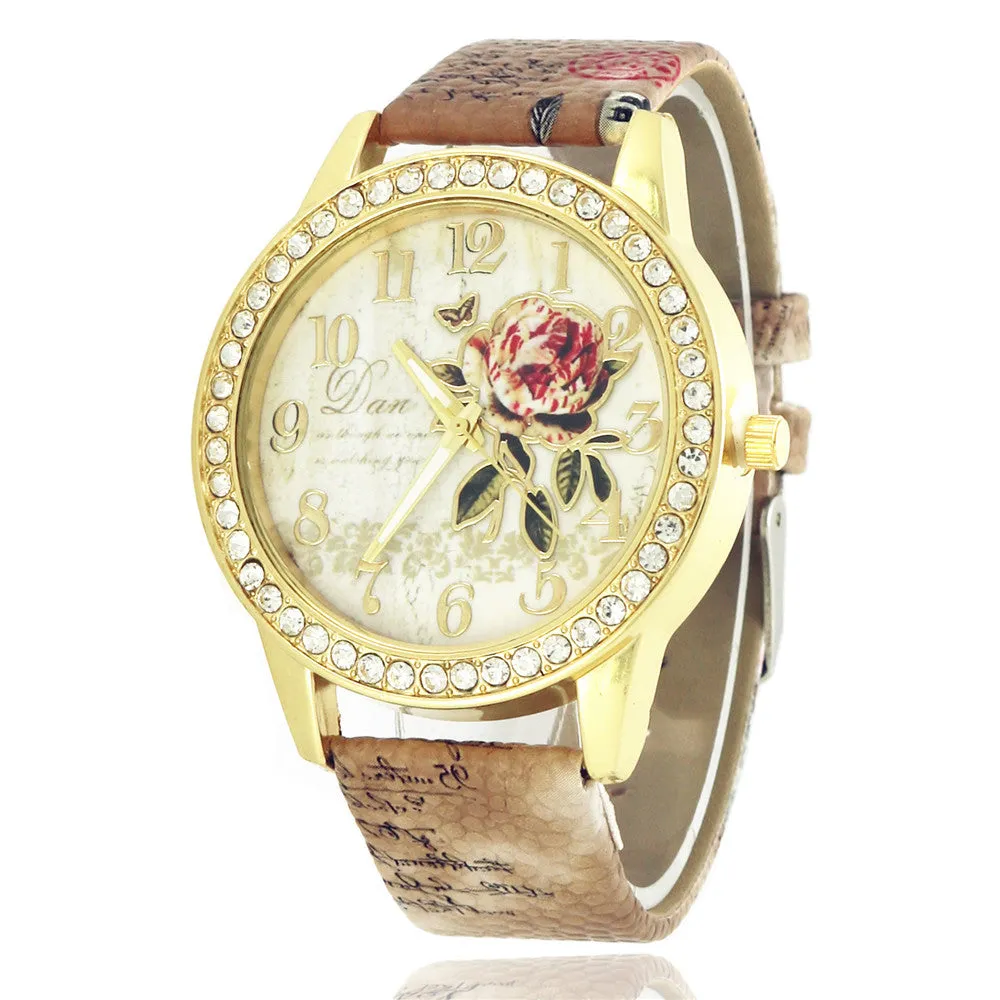 Sidiou Group Fashion Ladies Watches Women Printed Flower Luxury Casual Quartz Leather Wrist Watch Female Rhinestone Dress Watch