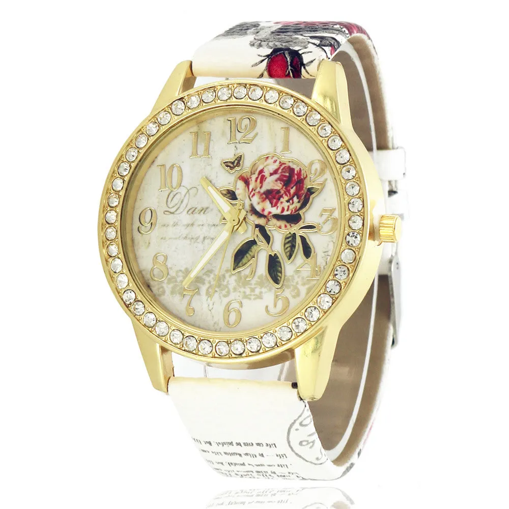 Sidiou Group Fashion Ladies Watches Women Printed Flower Luxury Casual Quartz Leather Wrist Watch Female Rhinestone Dress Watch