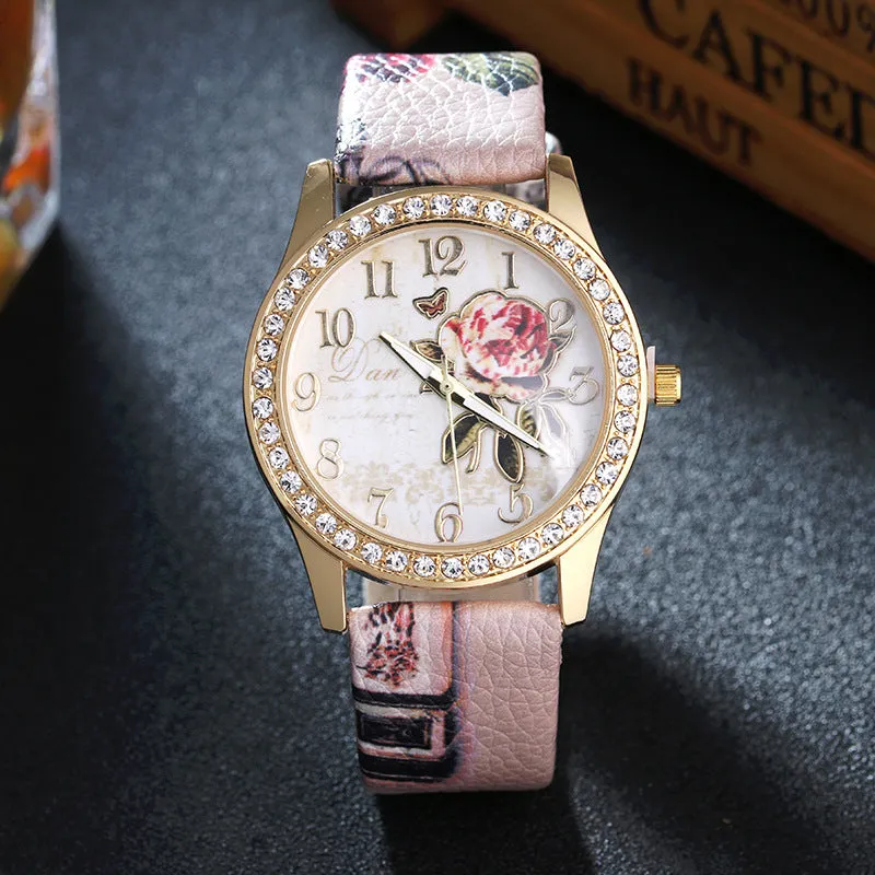 Sidiou Group Fashion Ladies Watches Women Printed Flower Luxury Casual Quartz Leather Wrist Watch Female Rhinestone Dress Watch