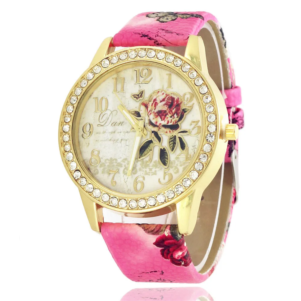 Sidiou Group Fashion Ladies Watches Women Printed Flower Luxury Casual Quartz Leather Wrist Watch Female Rhinestone Dress Watch