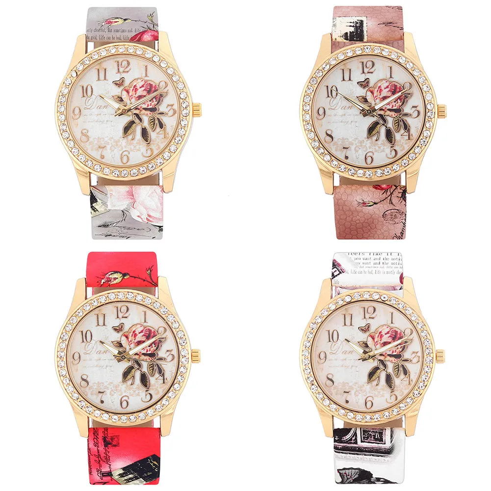 Sidiou Group Fashion Ladies Watches Women Printed Flower Luxury Casual Quartz Leather Wrist Watch Female Rhinestone Dress Watch