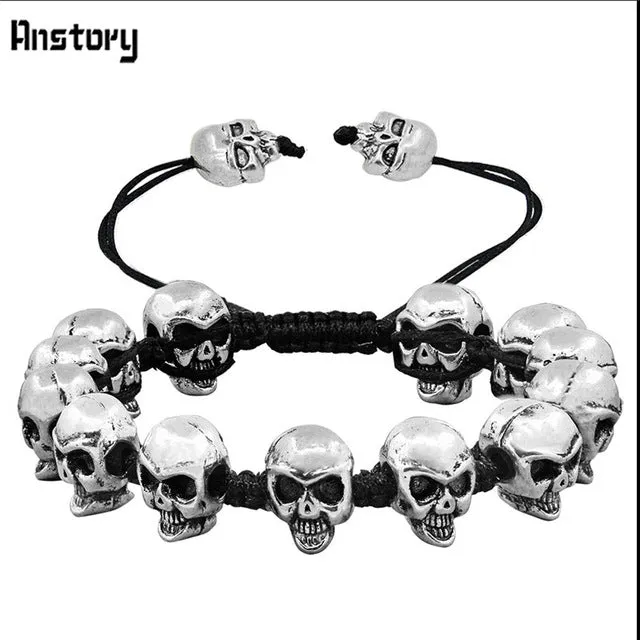 Smile Skull Skeleton Bead Bracelets Strand Vintage Boho Antique Silver Plated Handmade Rope Woven Craft Fashion Jewelry