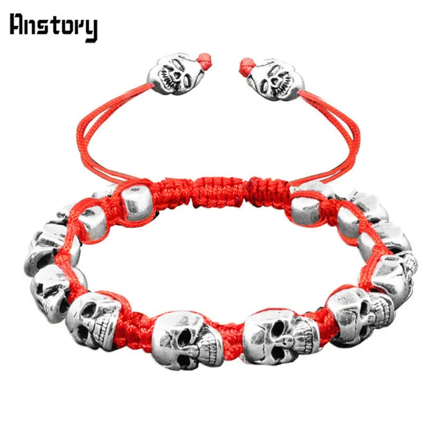 Smile Skull Skeleton Bead Bracelets Strand Vintage Boho Antique Silver Plated Handmade Rope Woven Craft Fashion Jewelry