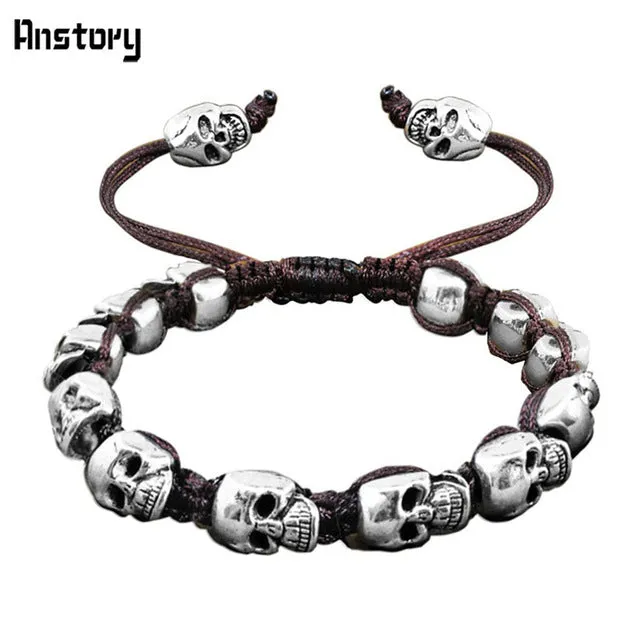 Smile Skull Skeleton Bead Bracelets Strand Vintage Boho Antique Silver Plated Handmade Rope Woven Craft Fashion Jewelry