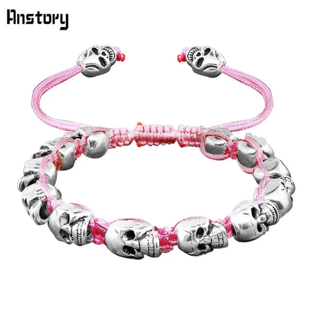 Smile Skull Skeleton Bead Bracelets Strand Vintage Boho Antique Silver Plated Handmade Rope Woven Craft Fashion Jewelry