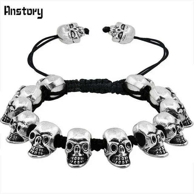 Smile Skull Skeleton Bead Bracelets Strand Vintage Boho Antique Silver Plated Handmade Rope Woven Craft Fashion Jewelry