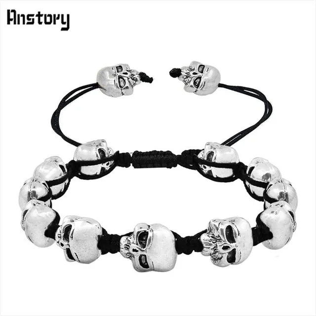 Smile Skull Skeleton Bead Bracelets Strand Vintage Boho Antique Silver Plated Handmade Rope Woven Craft Fashion Jewelry