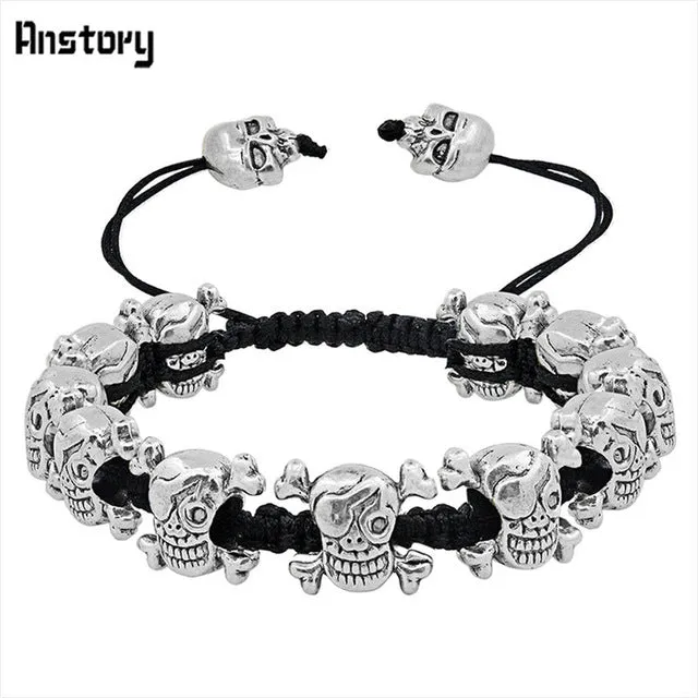 Smile Skull Skeleton Bead Bracelets Strand Vintage Boho Antique Silver Plated Handmade Rope Woven Craft Fashion Jewelry