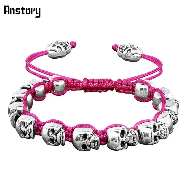 Smile Skull Skeleton Bead Bracelets Strand Vintage Boho Antique Silver Plated Handmade Rope Woven Craft Fashion Jewelry